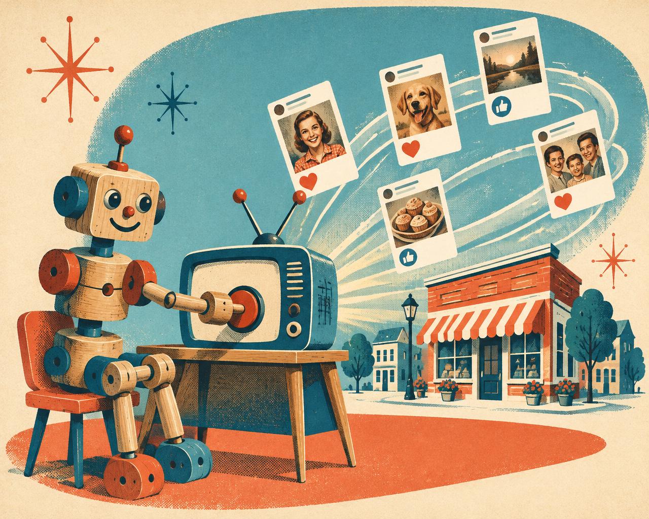 A wooden toy robot pushes a button on a vintage TV, sending social posts to a main-street shop